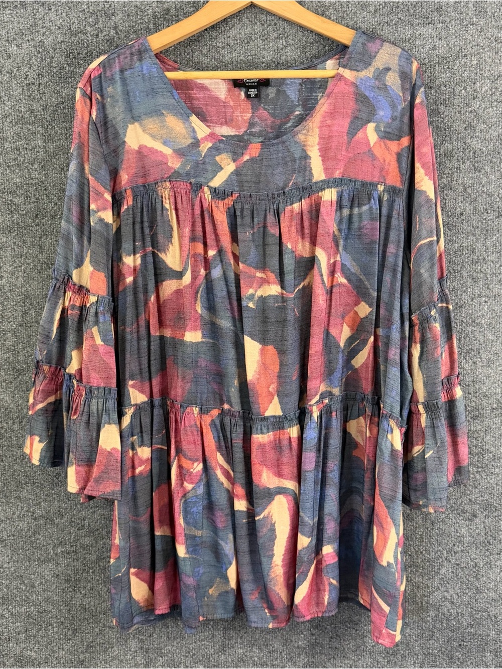 Cocomo Womens 3X Multicolor Abstract Print Tiered Tunic 3/4 Bell Sleeve Popover